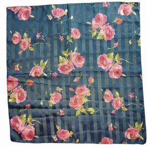 Italian Floral Polyester Scarf Vintage Navy Pink Rose Design 20 Square Sheer